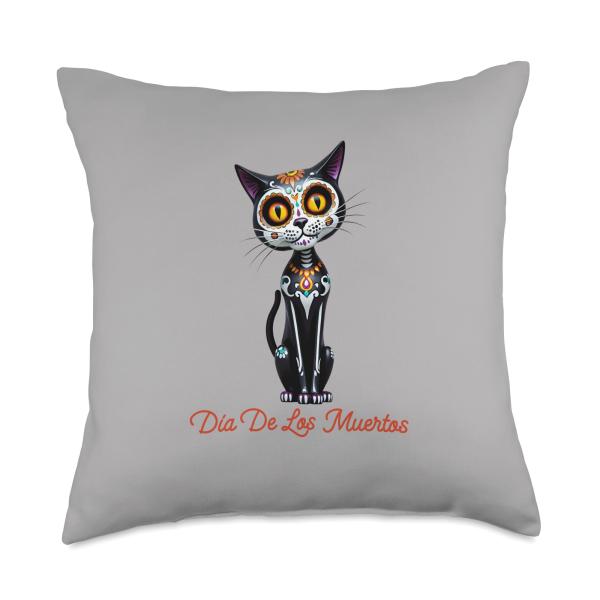 Sugar Skull Cat Day of the Dead Throw Pillow
