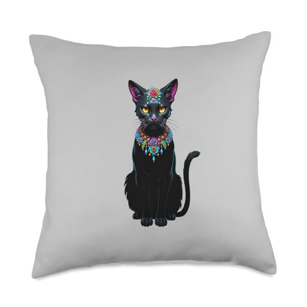 Sugar Skull Cat Day of the Dead Throw Pillow