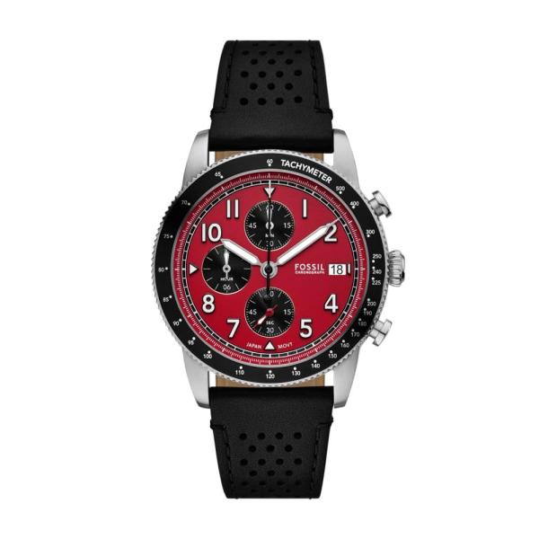 Fossil メンズ スポーツツアラークロノグラフ ブラックレザーウォッチ, ブラック///ホワイト