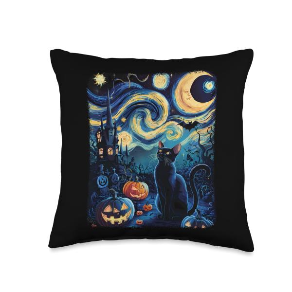 Starry Night Spooky Halloween Black Cat Bats Throw...