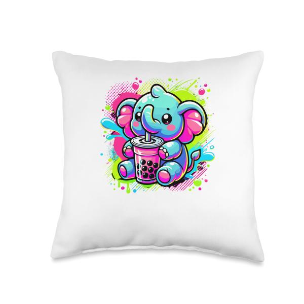 Cute Elephant Milk Tea Boba Pearls Tapioca Throw P...