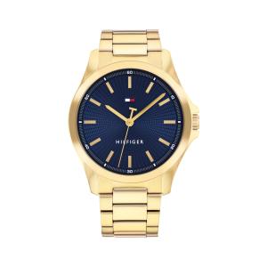 Tommy Hilfiger メンズ 3針クォーツ腕時計 42mm ゴールドブレスレット ネイビーダイヤル サンレイ加工 3気圧防水