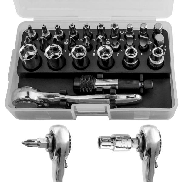 YAKAMOZ 28イン1 ミニラチェットドライバービットソケットセット 直角ラチェット 1/4イン...