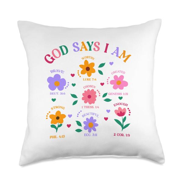 Floral God Says I Am Bible Verse Throw Pillow