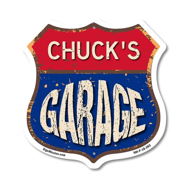 Chuck's Garage 18 inch X 18 inch Shield Shaped Com...
