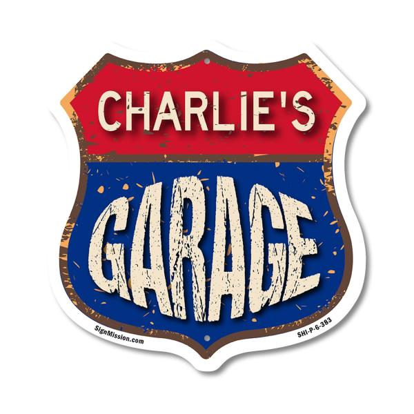 Charlie's Garage 6 inch X 6 inch Shield Shaped Com...