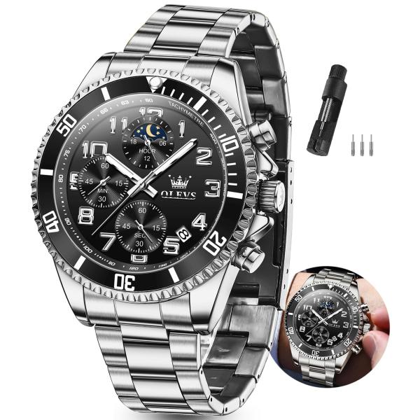 OLEVS Watches for Men, Mens Silver Watch Black Fac...