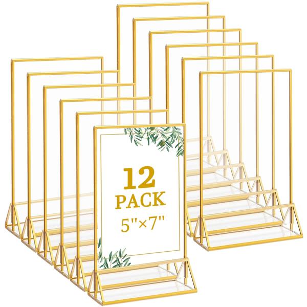 Floroom 12個パック 5x7インチ クリアアクリルサインホルダー 両面ゴールドディスプレイス...