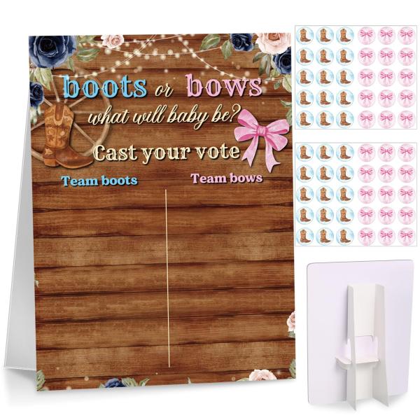 Poen Boot or Bows ジェンダーリビールゲームボード スタンド付き 60枚のピンクのリ...