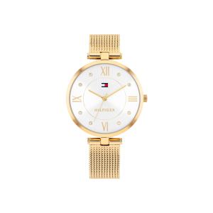 Tommy Hilfiger レディースクォーツドレスウォッチ - 34mmステンレススチールケース、ローマ数字、クリスタルアクセント、メッシュブレスレット - 彼女へのギフ