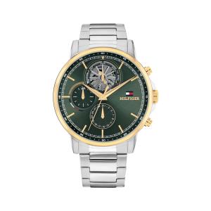 Tommy Hilfiger メンズ 多機能クォーツ 44mm ステンレスケース ダブルレイヤーダイヤル リンクブレスレット スケルトン風 グリーン 50m防水