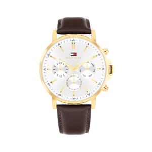 Tommy Hilfiger メンズ 多機能クォーツ ゴールドIP ステンレスケース CDテクスチャーダイヤル レザーストラップ クラシック