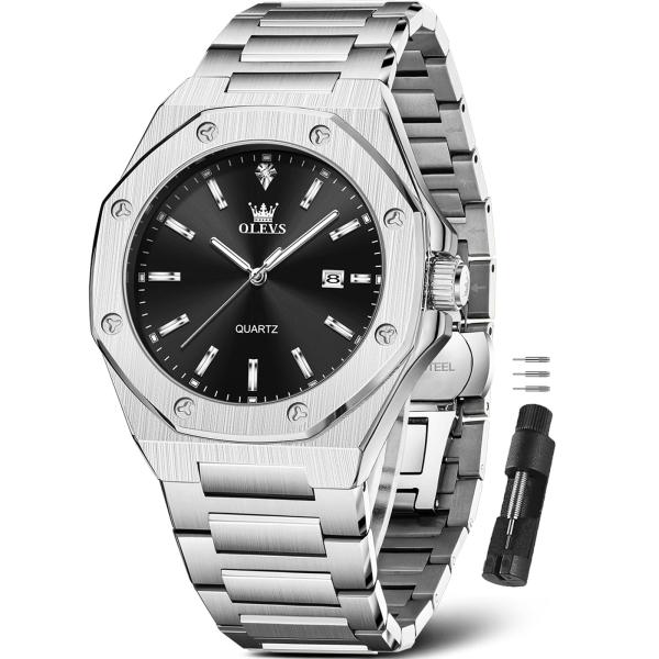 OLEVS Silver Watch Black Face Stainless Steel Blac...