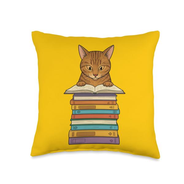 Cute Tabby Cat Reading On Pile of Books Funny Thro...