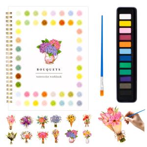 Metyond 水彩ワークブックセット 12色ペイント＆ブラシ付き 初心者向け 大人・ティーン用 花束デザイン