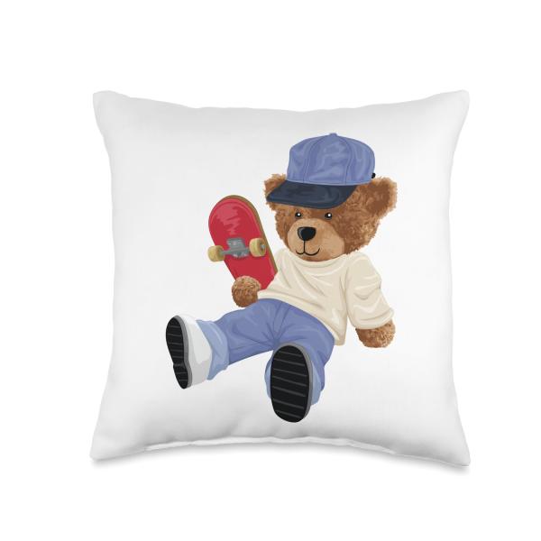 Cute Teddy Bear with a Skateboard Throw Pillow