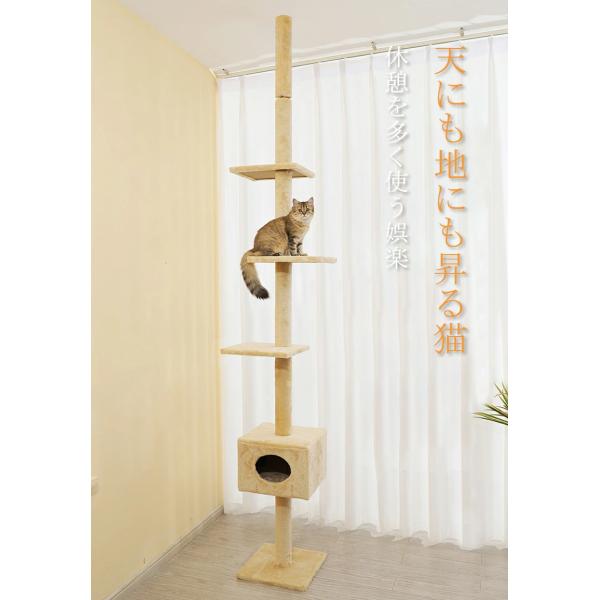 キャットタワー 突っ張り 木製 高さ183-270cm対応 木登りタワー シングル 猫タワー 省スペ...