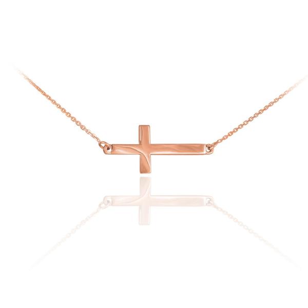 14 KソリッドローズゴールドSideways Crossキュートネックレス 14k Rose Go...