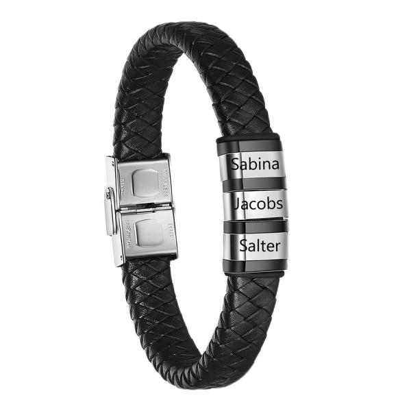 【並行輸入品】Bosajewel 名前入りレザーブレスレット メンズ シルバーブラック 名前ビーズチ...