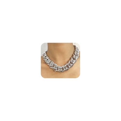 【並行輸入品】Jumwrit チャンキーチェーンチョーカーネックレス シルバー キューバリンクチェー...