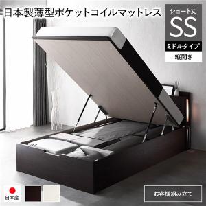 〔お客様組み立て〕 日本製 収納ベッド ショート丈セミシングル 日本製薄型ポケットコイルマットレス付 縦開き ミドルタイプ 深さ37cm 跳ね上げ式 送料無料｜best-value