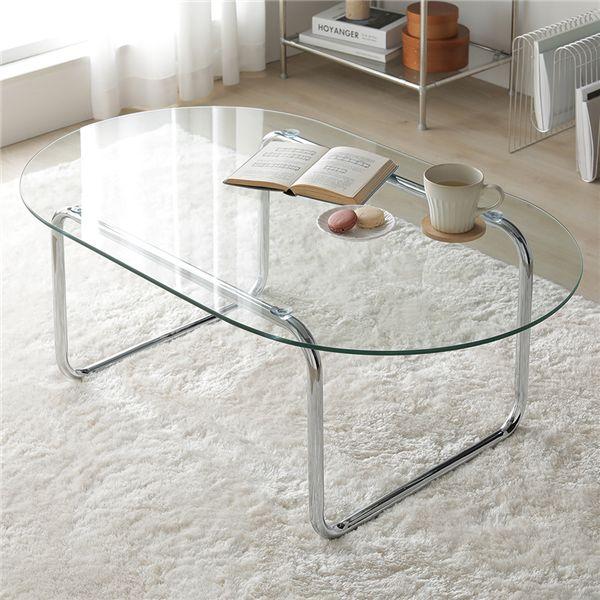 ガラス ローテーブル 100×60cm オーバル 楕円形 ガラス天板 スチールフレーム お手入れ簡単...