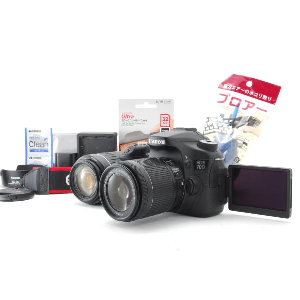 【美品】Canon キヤノン Eos 70D ダブルズームレンズセット SD(32GB)カード、おま...