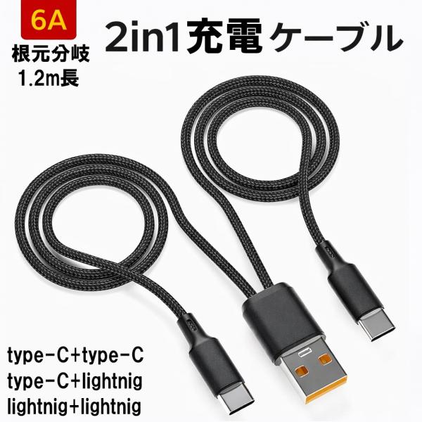 2in1 充電ケーブル 6A 1.2m 根元分岐 同端子対応 黒 赤 Type-C×2 Lightn...