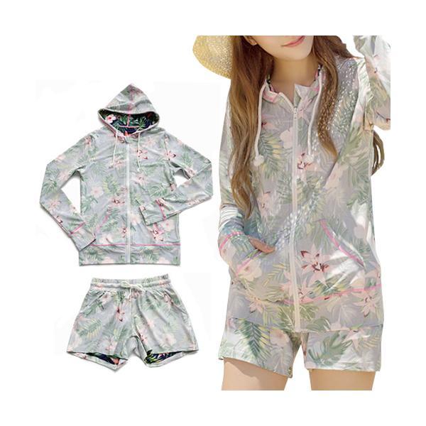 水着 ラッシュガード パーカー レディース 花柄  上下2点セット Ｍ  UVカット 長袖 ショート...