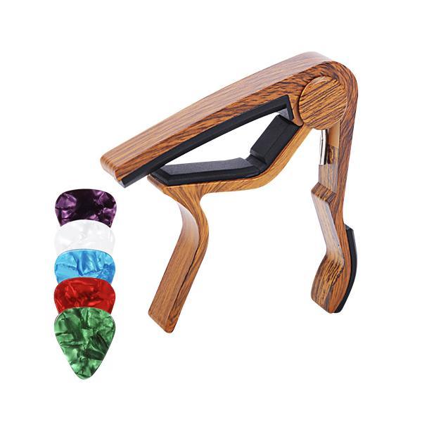 ギターカポタスト ワンタッチ アコースティックギター エレキギター ウクレレ (木目カラー）ピック5...