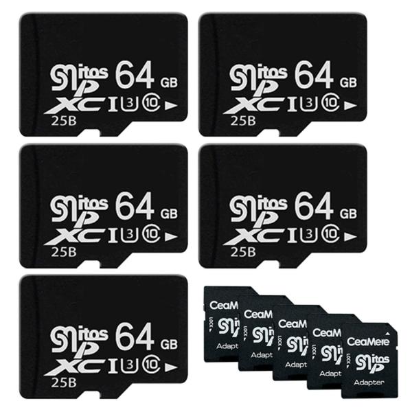microsd 64GB class10 U3 5個セット 高速 SDカード変換アダプタ付き マイク...