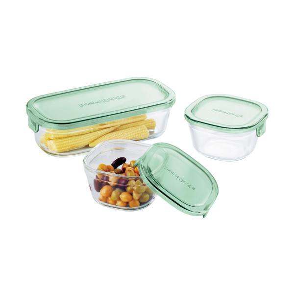 イワキ PS-PRN-3G2 パック&amp;レンジ 角型 3点セット グリーン 耐熱ガラス 保存容器 iw...