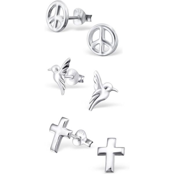 925 Sterling Silver Set of 3 Pairs Peace Sign  Hum...