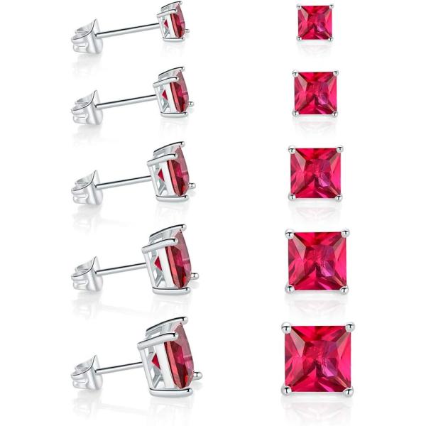 【並行輸入品】18K ホワイト ゴールド メッキ プリンセス 人造ルビー スタッド イヤリング 5個...