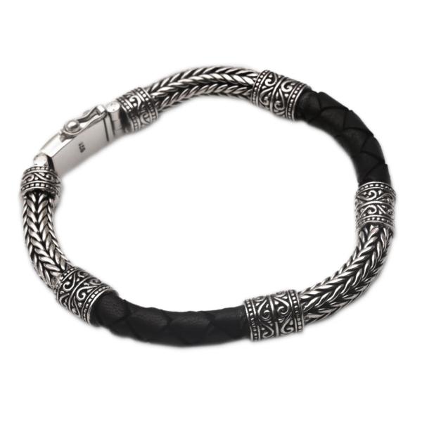【並行輸入品】Novica ロイヤルウィーブ ブラックスターリングシルバー レザーブレスレット メン...