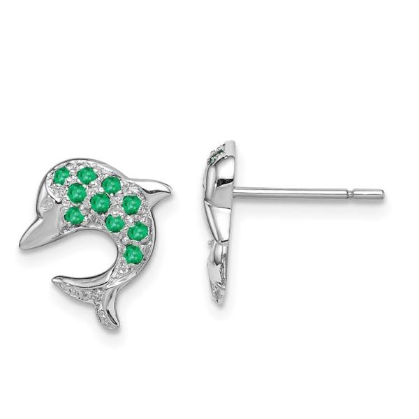 Sterling Silver Emerald and Diamond Dolphin Post E...