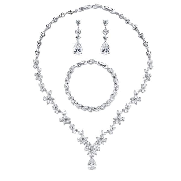 【並行輸入品】花嫁用ウェディングジュエリー シルバーブライダルネックレス イヤリングブレスレットセッ...