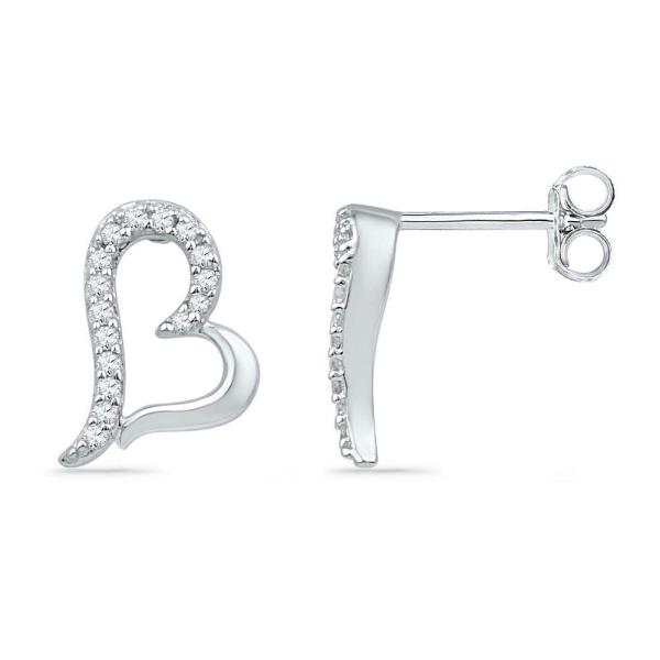10K White Gold Diamond Heart Screwback Earrings 1/...