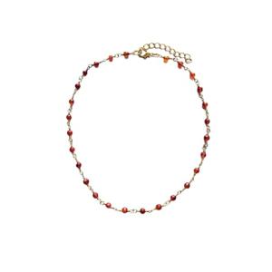 Red Beaded Rosary Chain Necklace Choker Gold Carne...