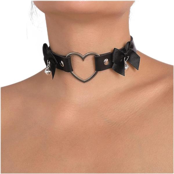 Leather Heart Choker Necklace Gothic Bat Wings Cat...