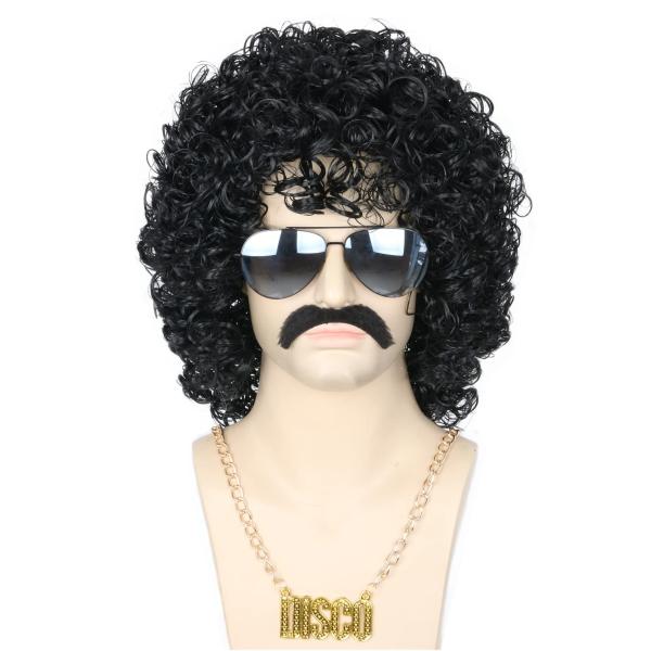 Topcosplay Black Afro Jerry Curl Wig Mustache and ...