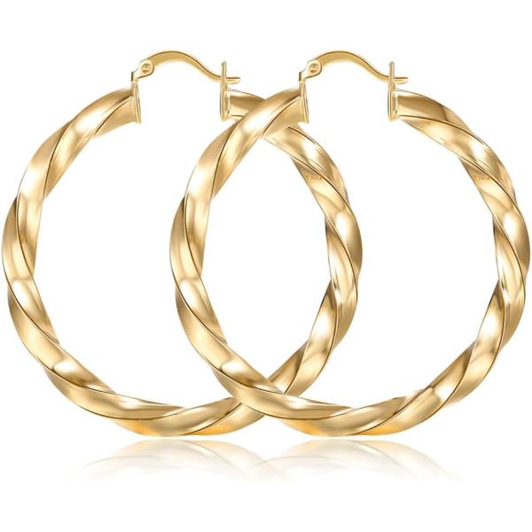 【並行輸入品】5mm厚ゴールドチャンキーイヤリングフープ 18Kゴールドメッキ 女性用 - 50mm...