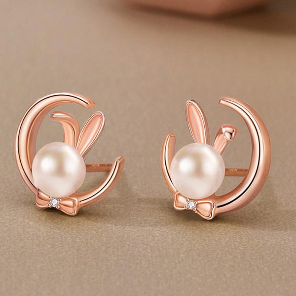 ピアス レディース 月の兎 うさぎ 耳折れ 天然淡水パール 可愛いウサギ カジュアル シルバー ピン...