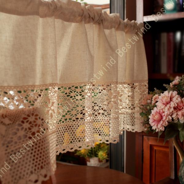 ハンドメイド レース編みカーテン 花の形に穴が開いたカーテン ベージュ, カフェカーテン リネンとコ...