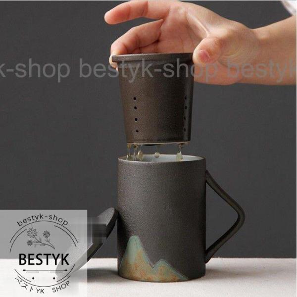 マグカップ　ダブルウォールマグ　お茶　茶こし付き　蓋付き　持ち運びに便利　陶器陶製　電子レンジ可