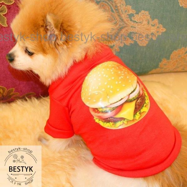 ペット用 犬猫兼用 Tシャツ 犬の服 半袖 カットソー 洋服 ハンバーガープリント 面白い おもしろ...