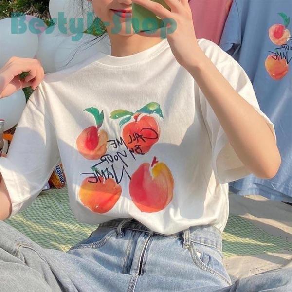 Tシャツ 半袖 レディース 夏Tシャツ ゆったり フルーツ柄 カットソー クルーネック サマーTシャ...