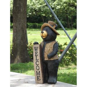 ポリレジン製 ガーデン彫像 「ようこそ」と歓迎の看板を持って立っているクマの像 置物 ガーデニング 庭｜bezipang