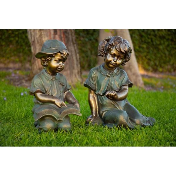 ポリレジン製 ガーデン彫像 男の子 女の子 読書 2体セット 置物 ガーデニング 庭