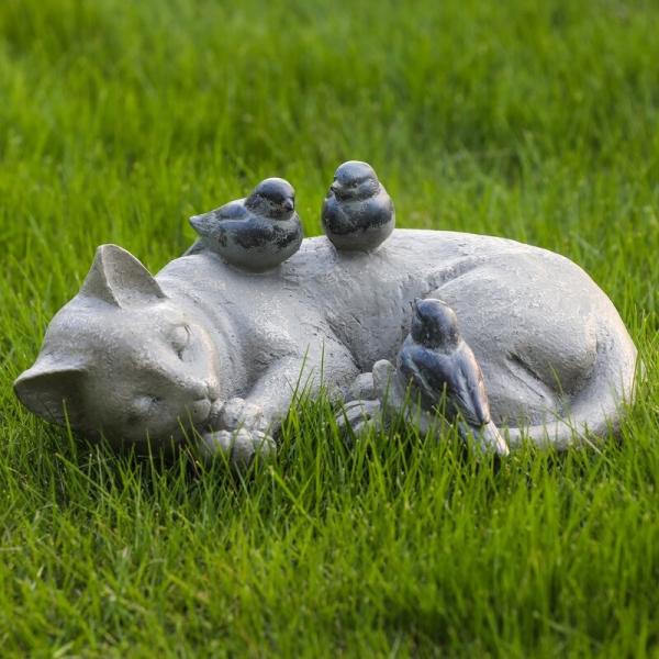 ポリレジン製 ガーデン彫像 鳥が居るのに気が付かずに昼寝をしているネコの像 置物 ガーデニング 庭